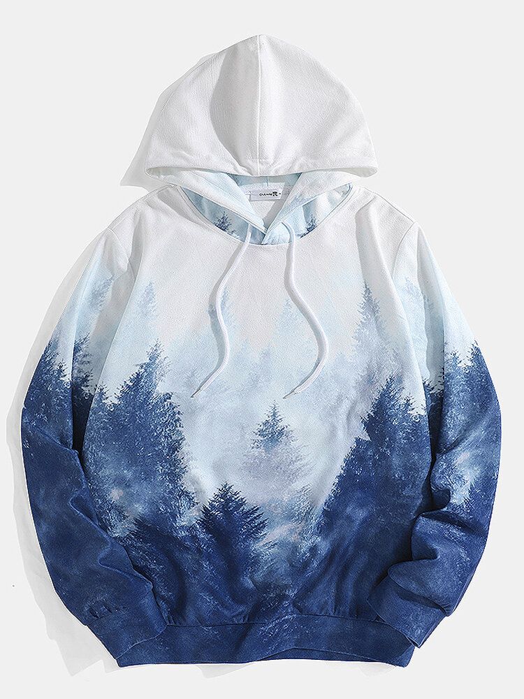 Sudaderas Con Capucha De Bolsillo De Canguro De Manga Larga Con Estampado De Paisaje Forestal Para Hombre