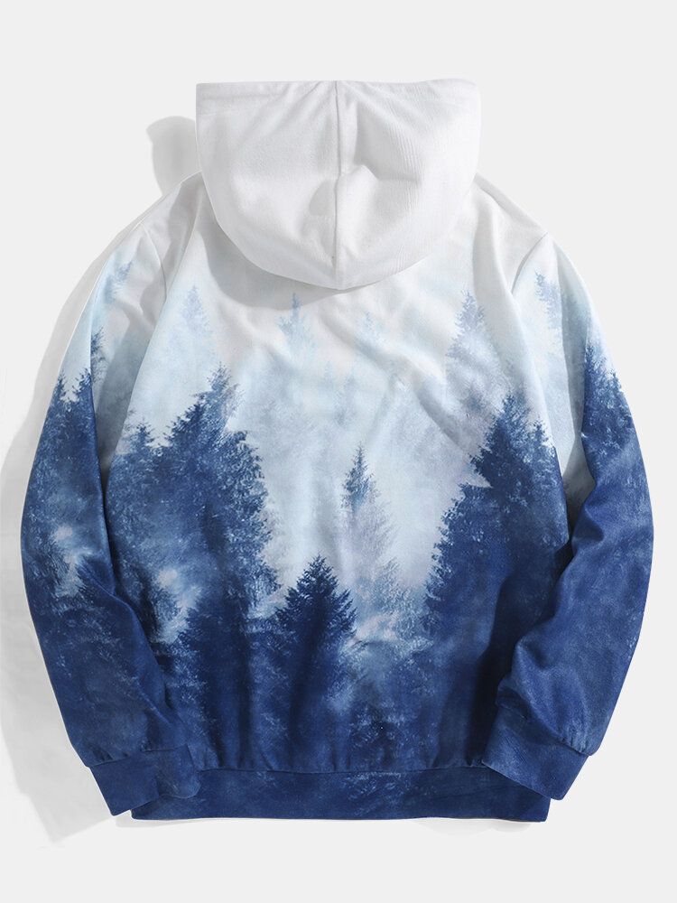 Sudaderas Con Capucha De Bolsillo De Canguro De Manga Larga Con Estampado De Paisaje Forestal Para Hombre