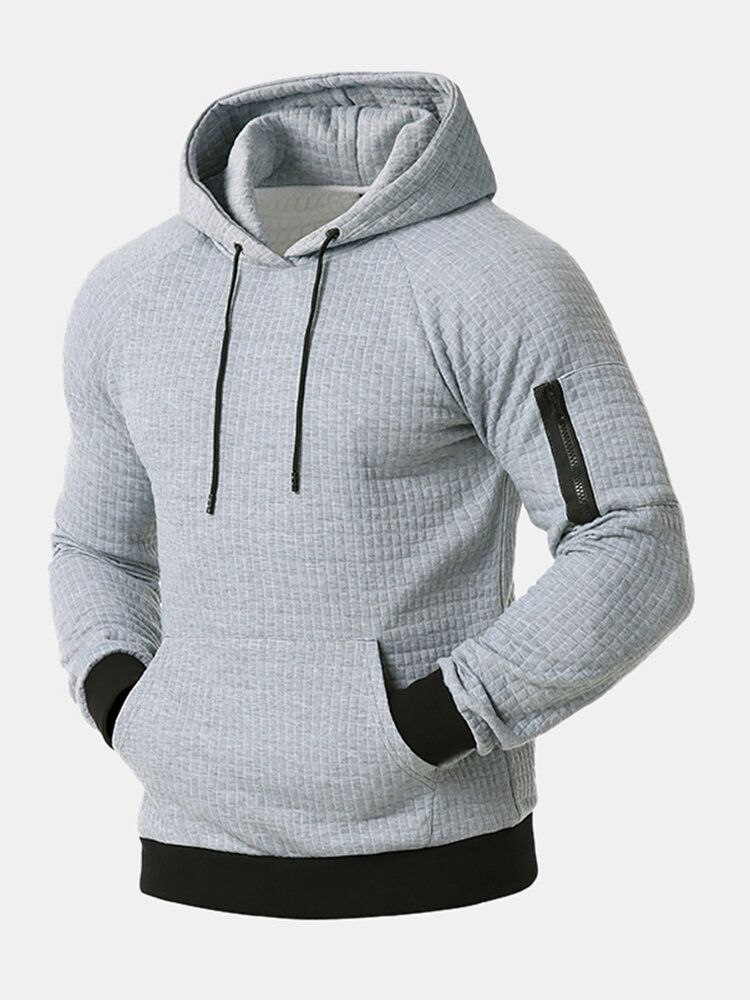 Sudaderas Con Capucha De Bolsillo De Canguro De Manga Larga Simple De Color Sólido Jacquard Para Hombre