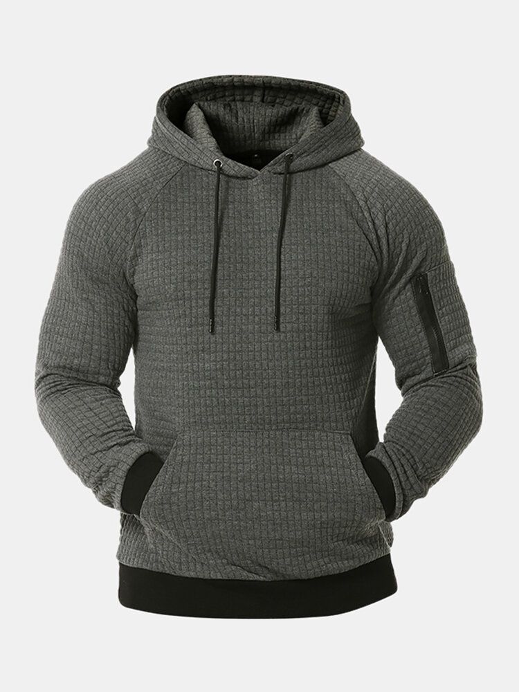 Sudaderas Con Capucha De Bolsillo De Canguro De Manga Larga Simple De Color Sólido Jacquard Para Hombre