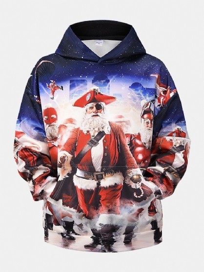 Sudaderas Con Capucha De Bolsillo De Canguro Ocasionales Con Estampado De Papá Noel Navideño Para Hombre