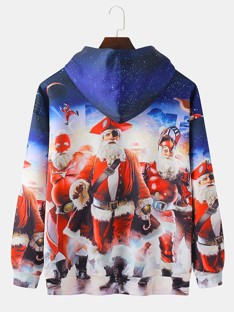 Sudaderas Con Capucha De Bolsillo De Canguro Ocasionales Con Estampado De Papá Noel Navideño Para Hombre