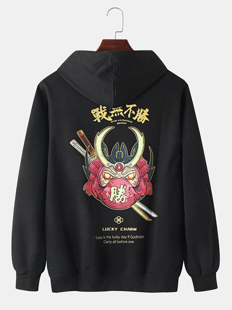 Sudaderas Con Capucha De Bolsillo De Estilo Étnico Ukiyoe Con Texto De Algodón Y Dibujos Animados Para Hombre