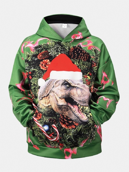 Sudaderas Con Capucha De Bolsillo Con Bolsillo Informal Con Estampado De Dinosaurio Navideño Para Hombre