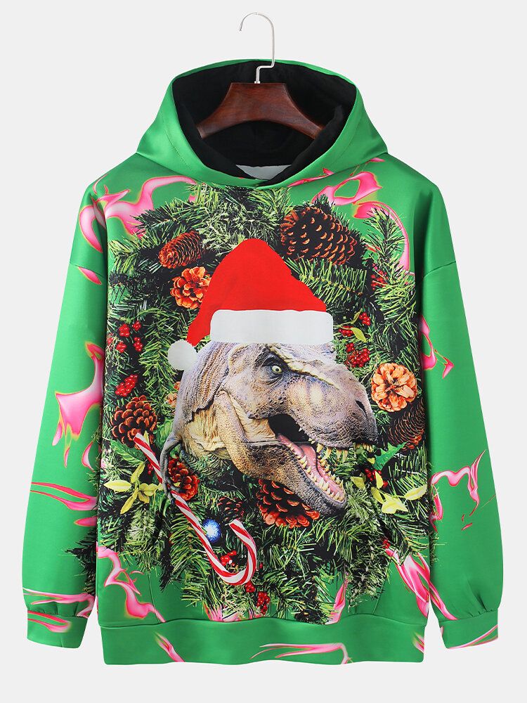 Sudaderas Con Capucha De Bolsillo Con Bolsillo Informal Con Estampado De Dinosaurio Navideño Para Hombre