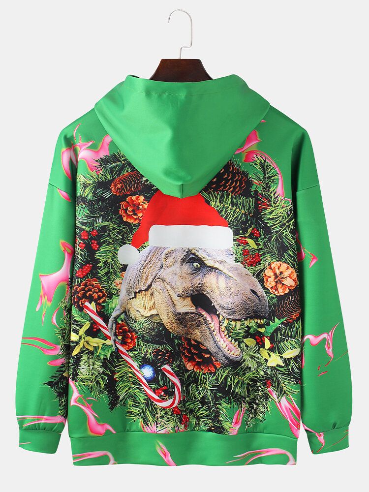 Sudaderas Con Capucha De Bolsillo Con Bolsillo Informal Con Estampado De Dinosaurio Navideño Para Hombre