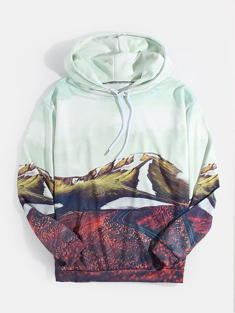 Sudaderas Con Capucha De Bolsillo De Manga Larga Con Estampado De Paisaje De Montaña Para Hombre