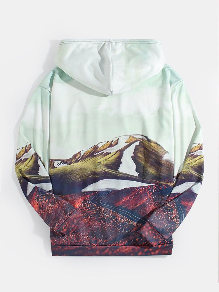 Sudaderas Con Capucha De Bolsillo De Manga Larga Con Estampado De Paisaje De Montaña Para Hombre