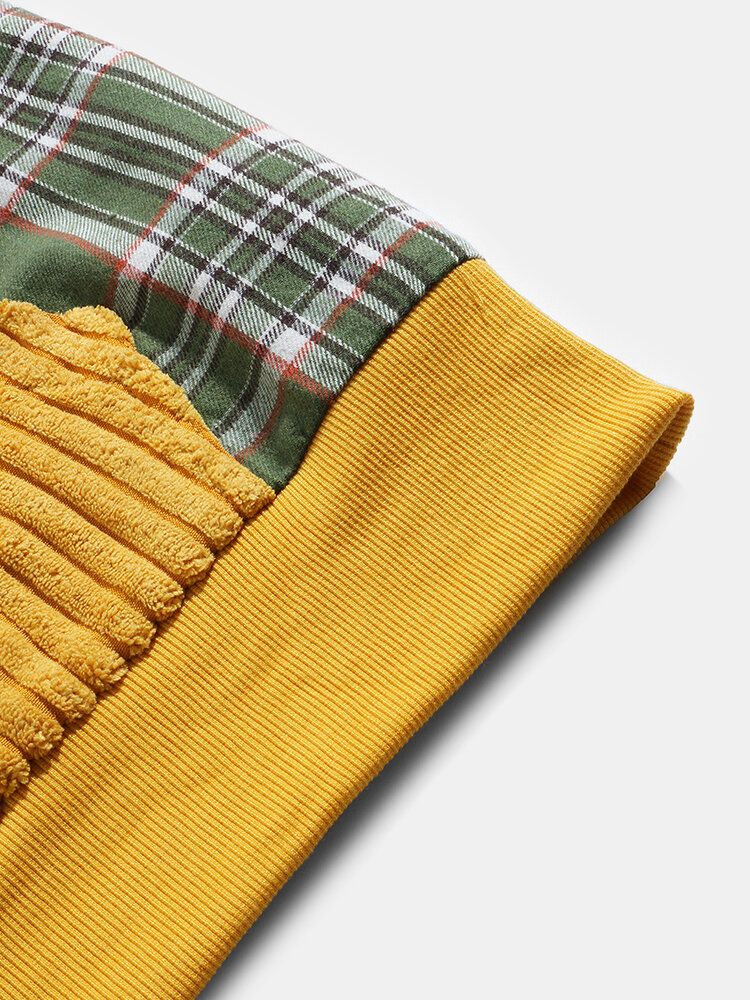 Sudaderas Con Capucha De Bolsillo De Manga Larga Con Patchwork De Pana A Cuadros Vintage Para Hombre