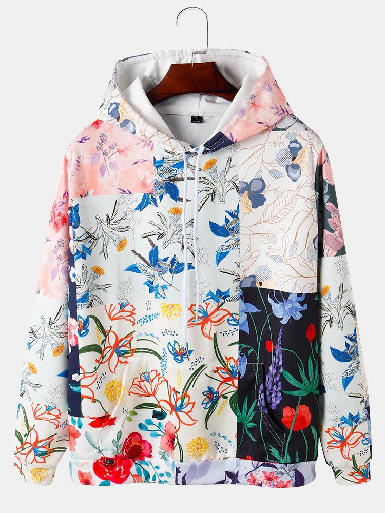 Sudaderas Con Capucha Con Bolsillos De Canguro Con Estampado Floral En Bloques De Color Para Hombre