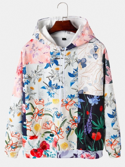 Sudaderas Con Capucha Con Bolsillos De Canguro Con Estampado Floral En Bloques De Color Para Hombre