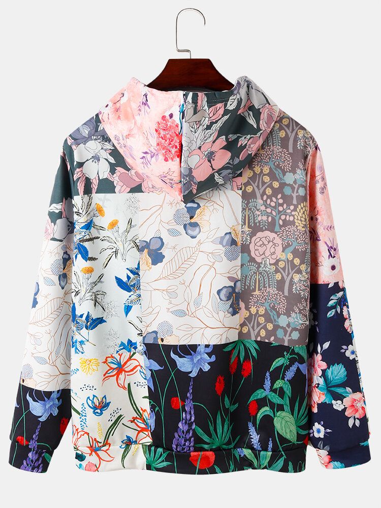 Sudaderas Con Capucha Con Bolsillos De Canguro Con Estampado Floral En Bloques De Color Para Hombre