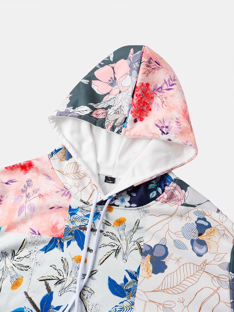 Sudaderas Con Capucha Con Bolsillos De Canguro Con Estampado Floral En Bloques De Color Para Hombre