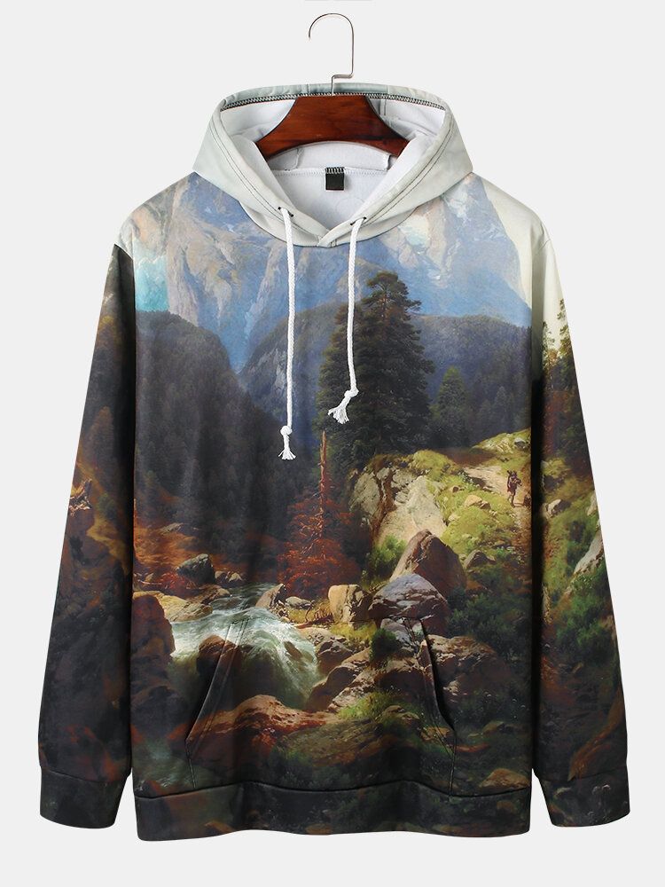 Sudaderas Con Capucha Cálidas Con Cordón Y Estampado De Paisaje Forestal Para Hombre Con Bolsillo