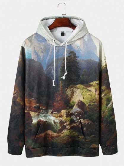 Sudaderas Con Capucha Cálidas Con Cordón Y Estampado De Paisaje Forestal Para Hombre Con Bolsillo