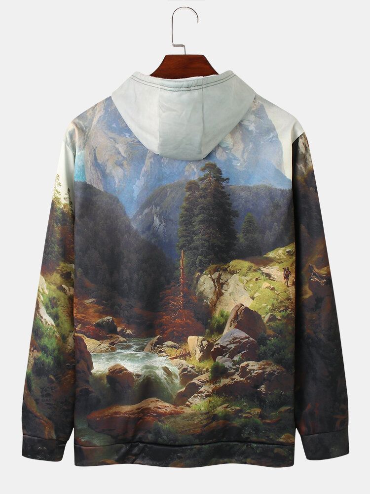 Sudaderas Con Capucha Cálidas Con Cordón Y Estampado De Paisaje Forestal Para Hombre Con Bolsillo