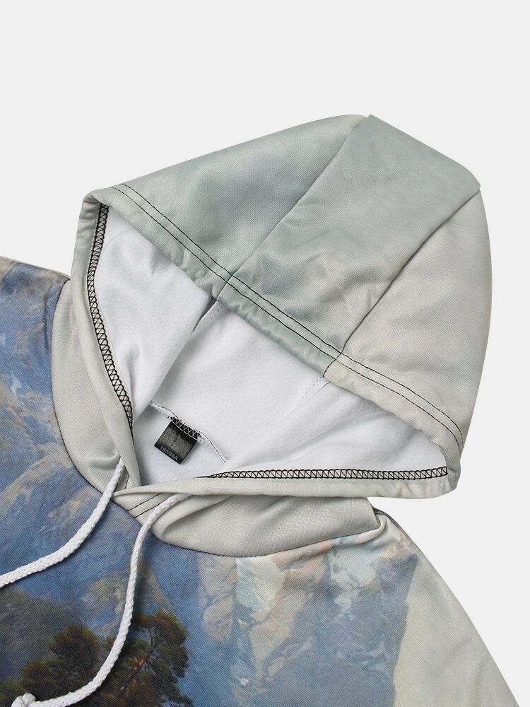 Sudaderas Con Capucha Cálidas Con Cordón Y Estampado De Paisaje Forestal Para Hombre Con Bolsillo