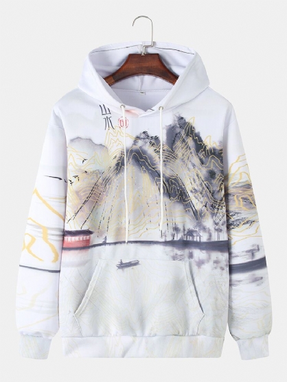 Sudaderas Con Capucha Cálidas De Manga Larga Con Estampado De Pintura En Tinta Para Hombre