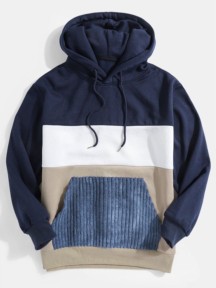 Sudaderas Con Capucha Casuales Con Cordón De Bolsillo De Canguro Con Costura De Panel Para Hombre