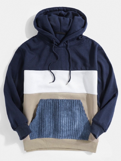 Sudaderas Con Capucha Casuales Con Cordón De Bolsillo De Canguro Con Costura De Panel Para Hombre