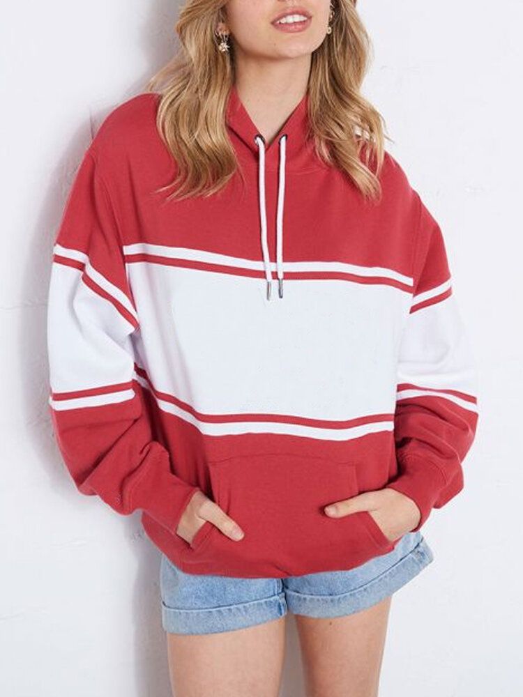 Sudaderas Con Capucha Casuales Con Cordón De Bolsillo De Canguro De Manga Larga Con Bloques De Color Para Mujer