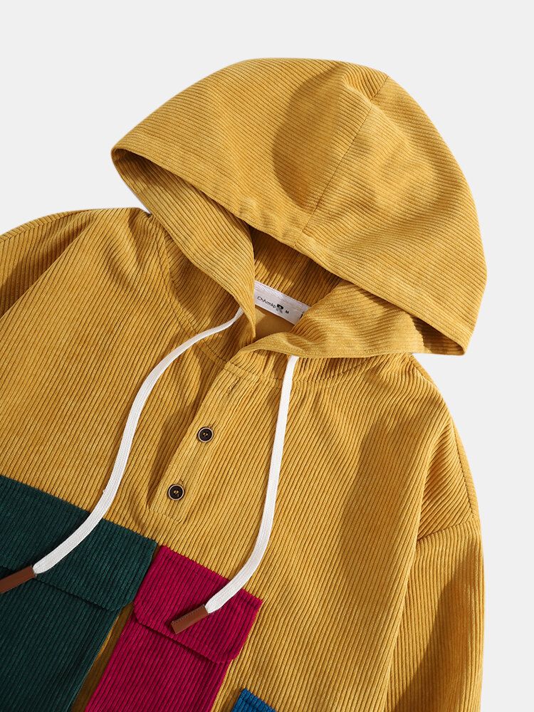 Sudaderas Con Capucha Casuales Con Cordón De Medio Botón De Pana Para Hombre Con Bolsillo Parcheado