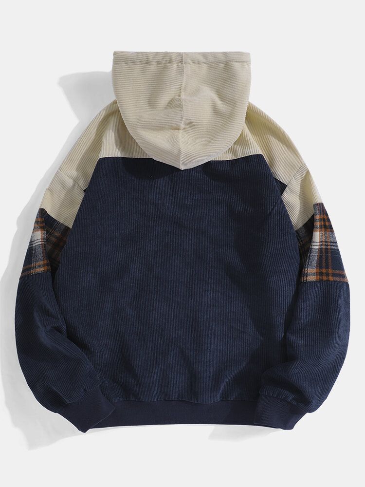 Sudaderas Con Capucha Casuales De Manga Larga A Cuadros De Pana Con Bolsillo Para Hombre