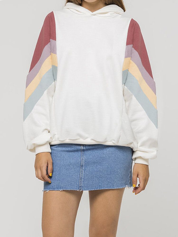 Sudaderas Con Capucha Casuales De Manga Larga Blancas De Chevron De Patchwork Lateral Para Mujer