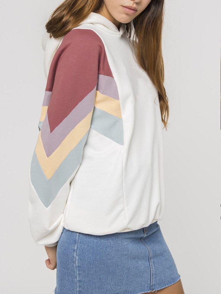 Sudaderas Con Capucha Casuales De Manga Larga Blancas De Chevron De Patchwork Lateral Para Mujer