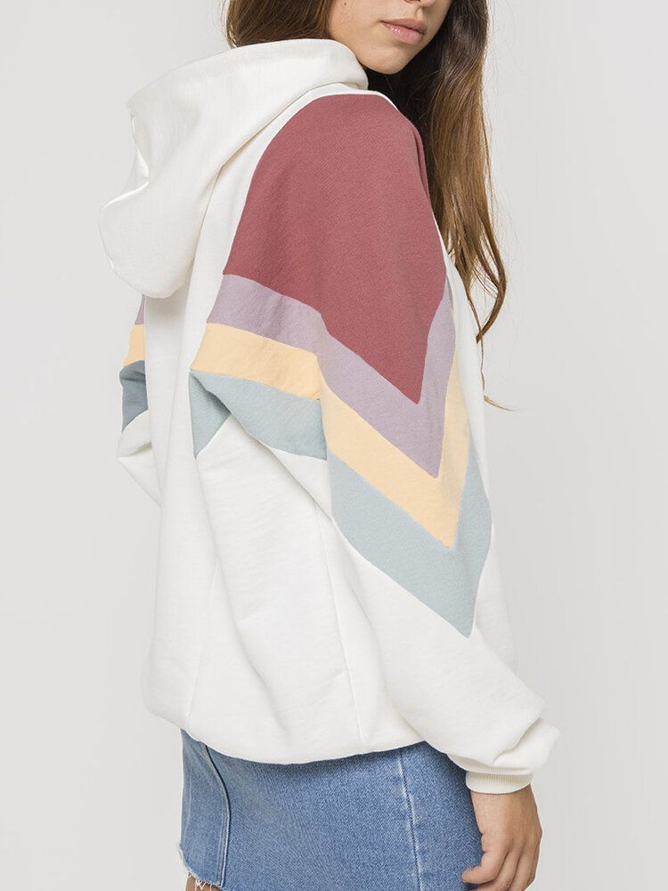 Sudaderas Con Capucha Casuales De Manga Larga Blancas De Chevron De Patchwork Lateral Para Mujer