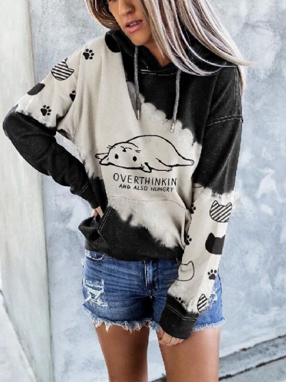 Sudaderas Con Capucha Casuales De Manga Larga Con Estampado De Gato Lindo En Contraste Para Mujer