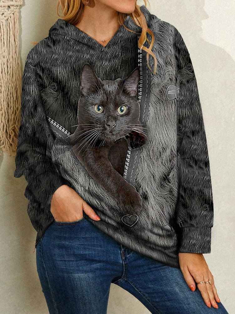 Sudaderas Con Capucha Casuales De Manga Larga Con Estampado De Gato Negro De Dibujos Animados Para Mujer