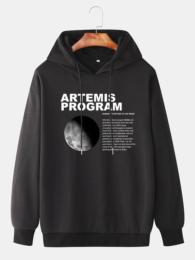 Sudaderas Con Capucha Casuales De Manga Larga Simples Con Estampado De Letras Gráficas De Luna Para Hombre