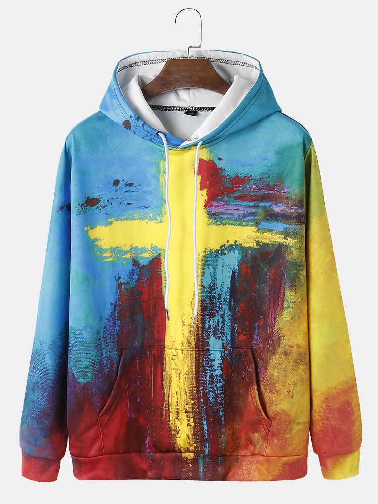 Sudaderas Con Capucha Con Cordón De Bolsillo De Canguro Con Estampado Cruzado Colorido Para Hombre