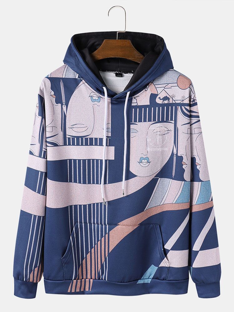 Sudaderas Con Capucha Con Cordón De Bolsillo De Canguro Con Estampado De Estilo Étnico Para Hombre