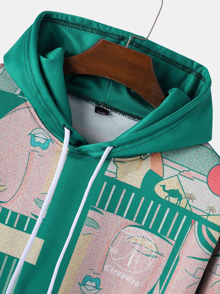 Sudaderas Con Capucha Con Cordón De Bolsillo De Canguro Con Estampado De Estilo Étnico Para Hombre