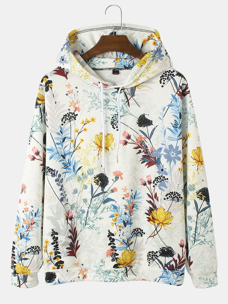 Sudaderas Con Capucha Con Cordón De Bolsillo De Canguro Con Estampado Floral De Plantas Para Hombre