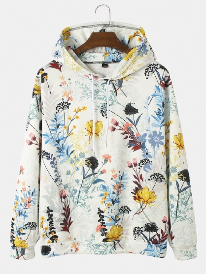 Sudaderas Con Capucha Con Cordón De Bolsillo De Canguro Con Estampado Floral De Plantas Para Hombre