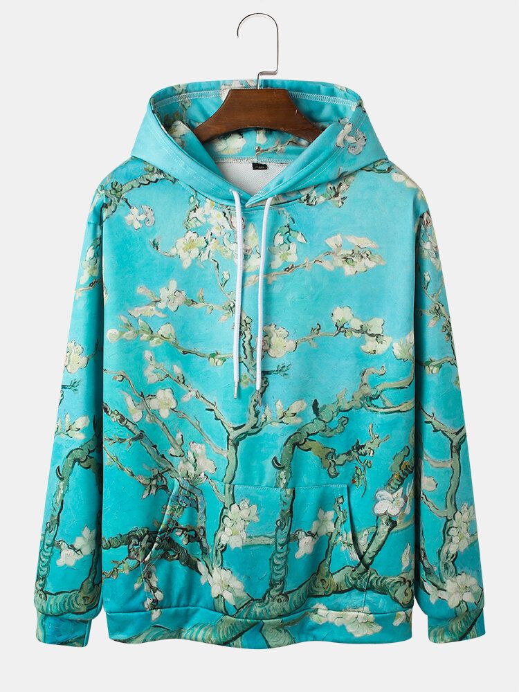 Sudaderas Con Capucha Con Cordón De Bolsillo De Canguro Con Estampado Floral De Plantas Para Hombre