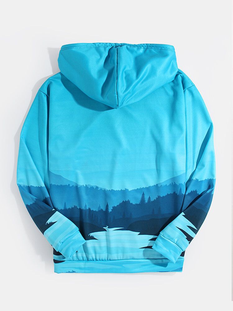 Sudaderas Con Capucha Con Cordón De Bolsillo De Canguro Con Gráficos De Paisaje Para Hombre