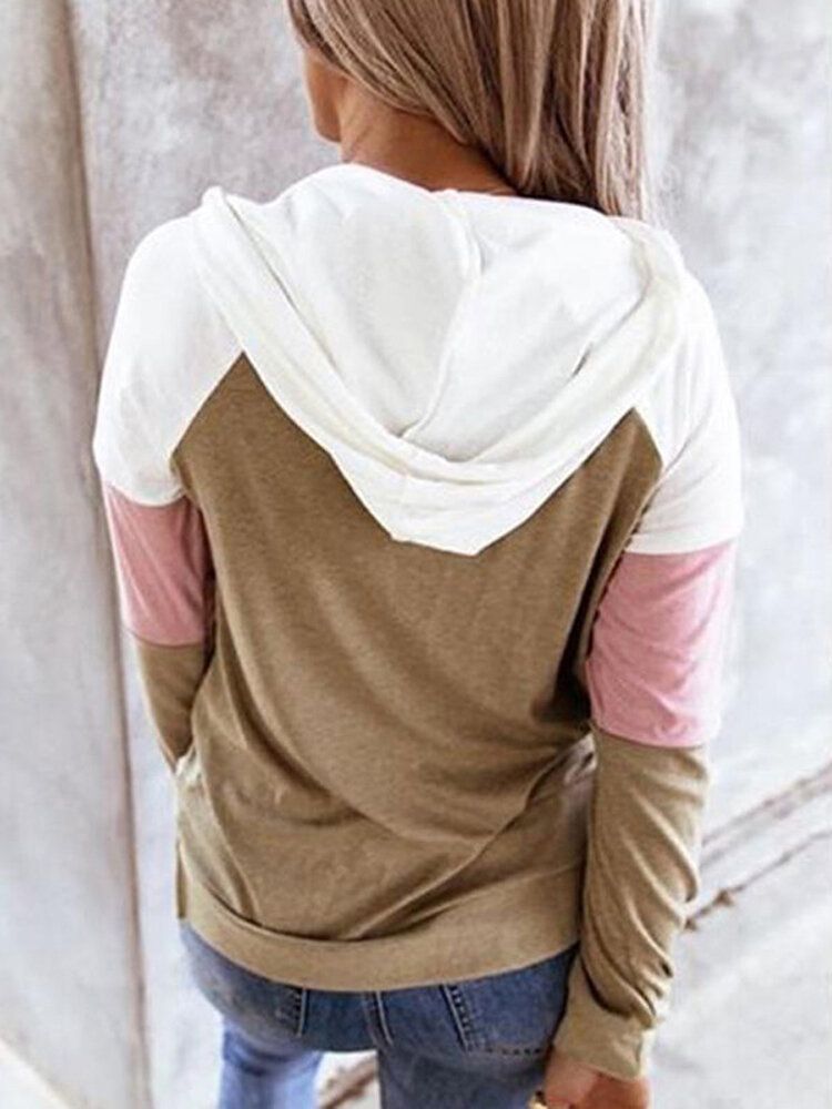 Sudaderas Con Capucha Con Cordón De Bolsillo De Canguro Informal De Manga Raglán De Patchwork Para Mujer