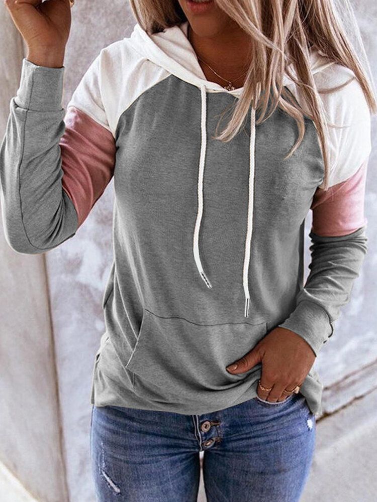 Sudaderas Con Capucha Con Cordón De Bolsillo De Canguro Informal De Manga Raglán De Patchwork Para Mujer