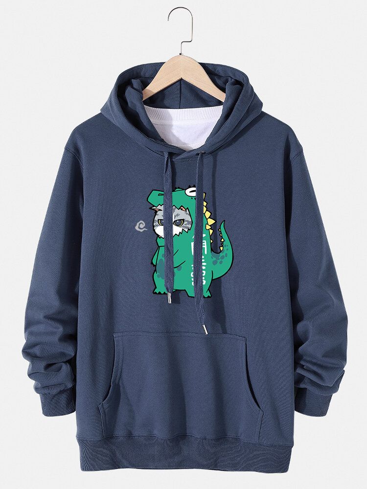 Sudaderas Con Capucha Con Cordón De Bolsillo Con Estampado De Dinosaurio Y Gato De Dibujos Animados Para Hombre