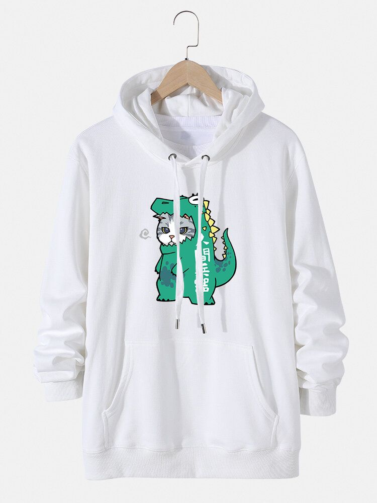 Sudaderas Con Capucha Con Cordón De Bolsillo Con Estampado De Dinosaurio Y Gato De Dibujos Animados Para Hombre