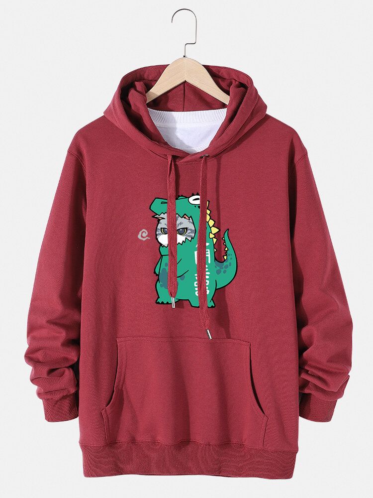 Sudaderas Con Capucha Con Cordón De Bolsillo Con Estampado De Dinosaurio Y Gato De Dibujos Animados Para Hombre