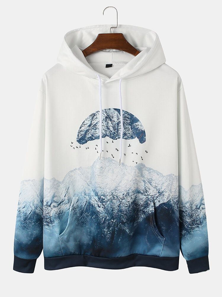 Sudaderas Con Capucha Con Cordón De Bolsillo Con Estampado De Paisaje De Montaña De Diseño Para Hombre