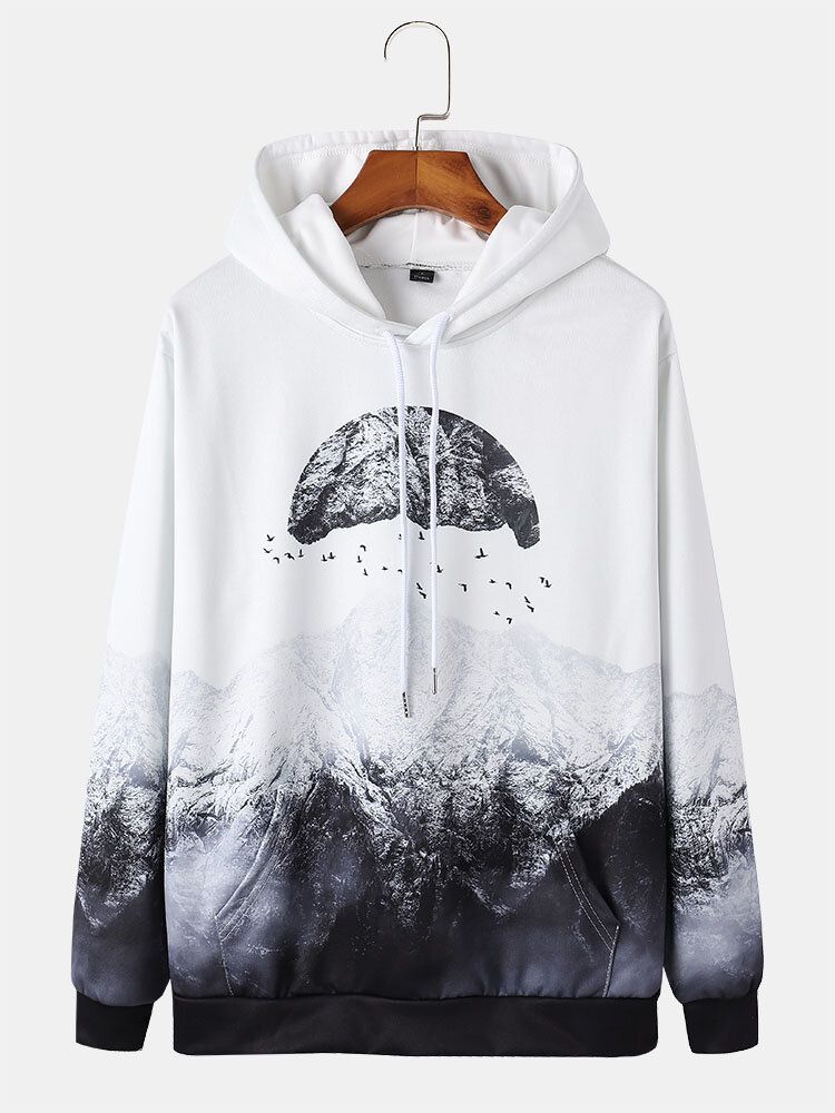 Sudaderas Con Capucha Con Cordón De Bolsillo Con Estampado De Paisaje De Montaña De Diseño Para Hombre