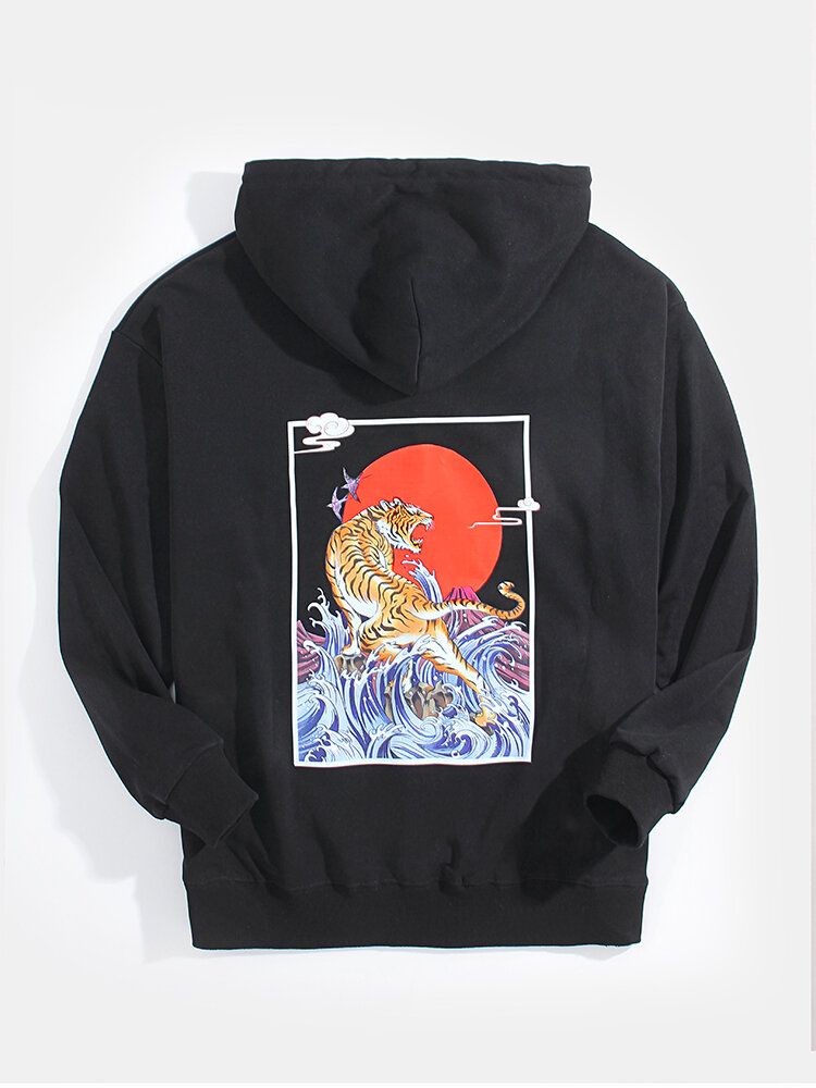 Sudaderas Con Capucha Con Cordón De Bolsillo Con Gráficos En La Espalda De Tigre Ukiyoe Para Hombre