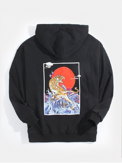 Sudaderas Con Capucha Con Cordón De Bolsillo Con Gráficos En La Espalda De Tigre Ukiyoe Para Hombre