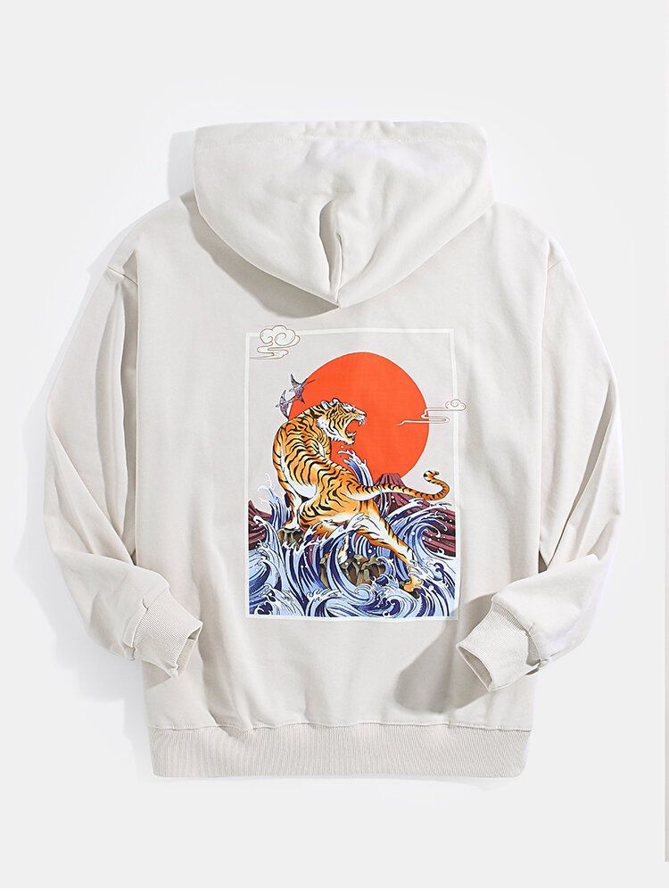 Sudaderas Con Capucha Con Cordón De Bolsillo Con Gráficos En La Espalda De Tigre Ukiyoe Para Hombre